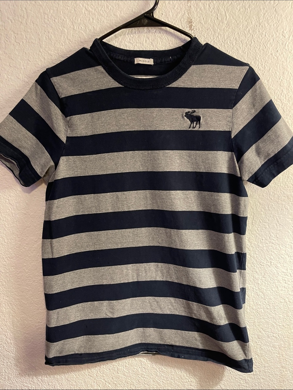 Striped Navy and Gray Tee with Embroidered Moose